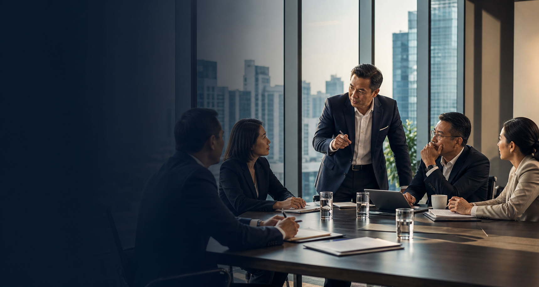 Senior executives in a boardroom leadership discussion